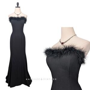 Vintage Prom Dress Maxi Gown 6 Black Mermaid Strapless Glam Fur Classic Tie
